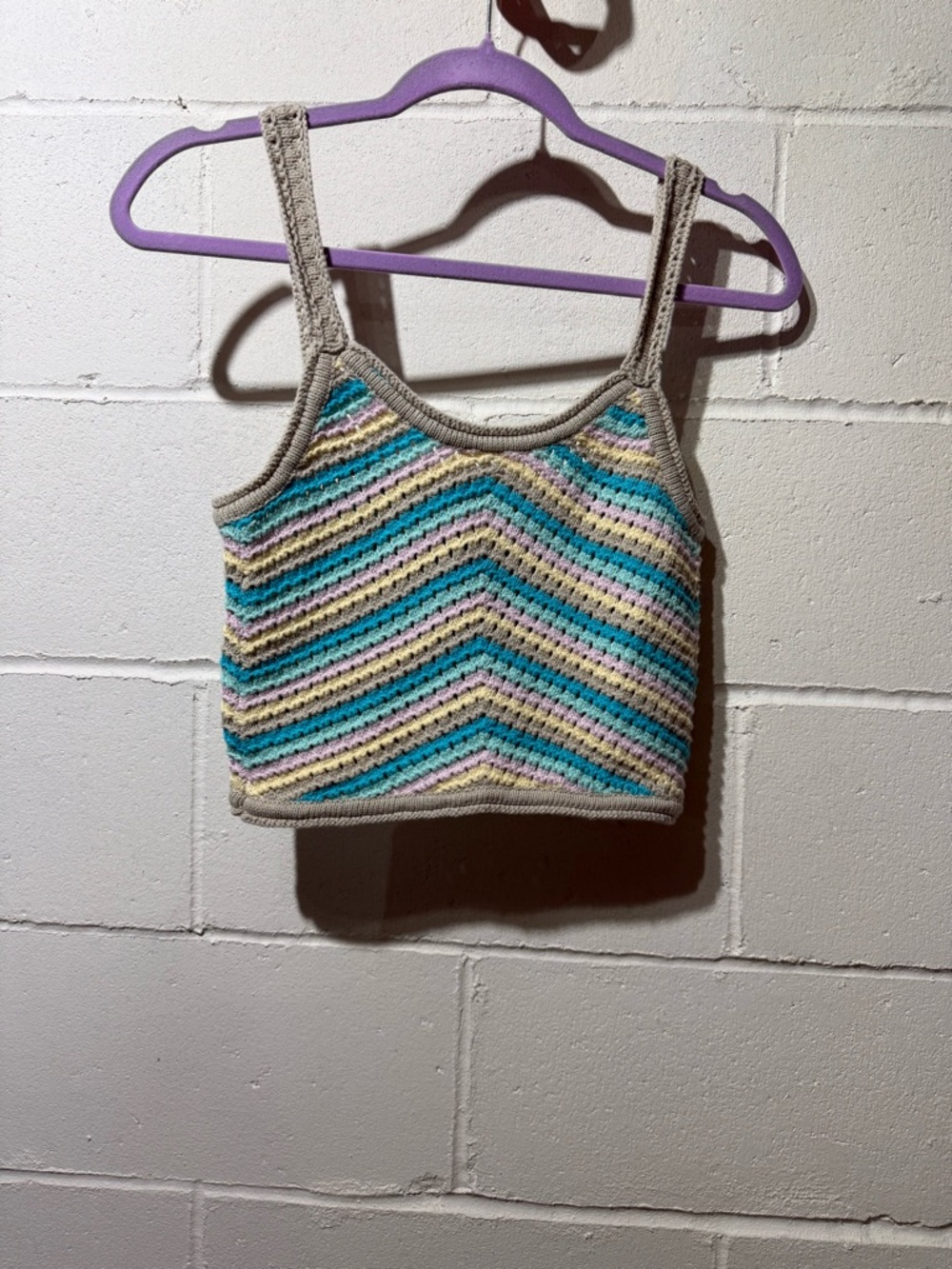 Full Tilt Pastel Crochet Stripe Tank Top in Teal, Lilac, Yellow, Cream